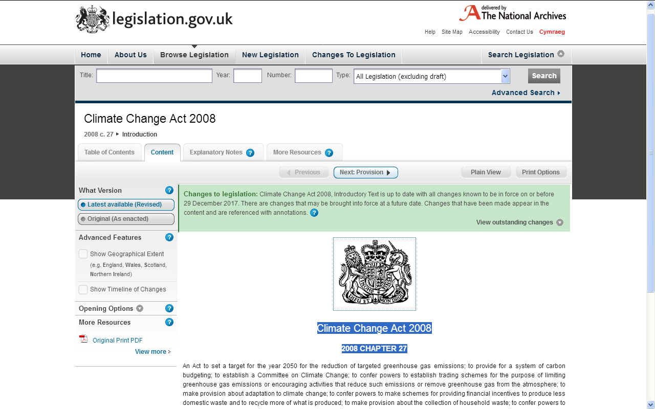 UK legislation climate change act 2008 her majesty queen elizabeth's government