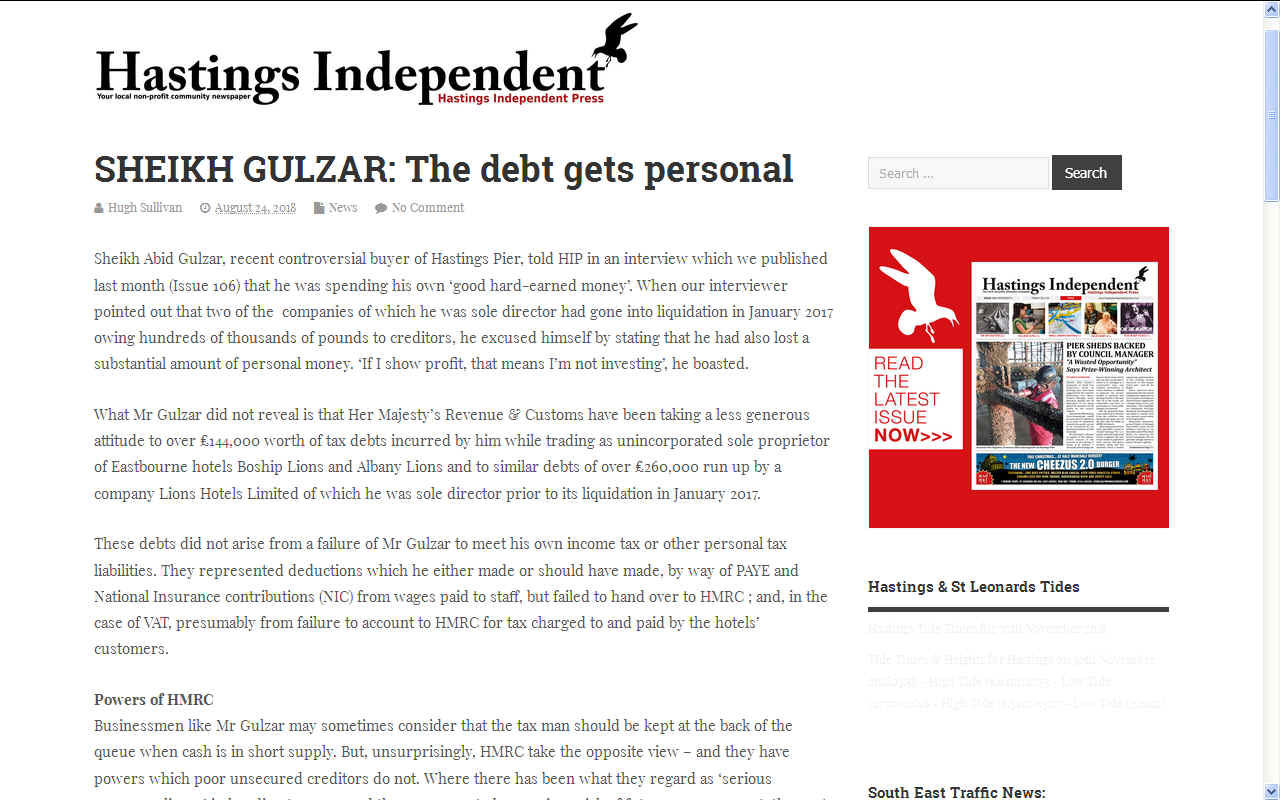Hastings Independent Sheikh Abid Gulzar piers national insurance arrears HMRC Boship Hotels Eastbourne