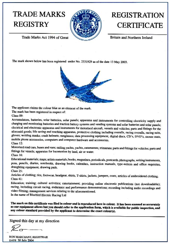 Blue bird trademark for electric road and racing cars
