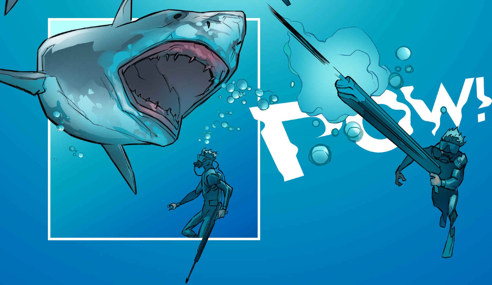 A great white shark attacks John Storm underwater