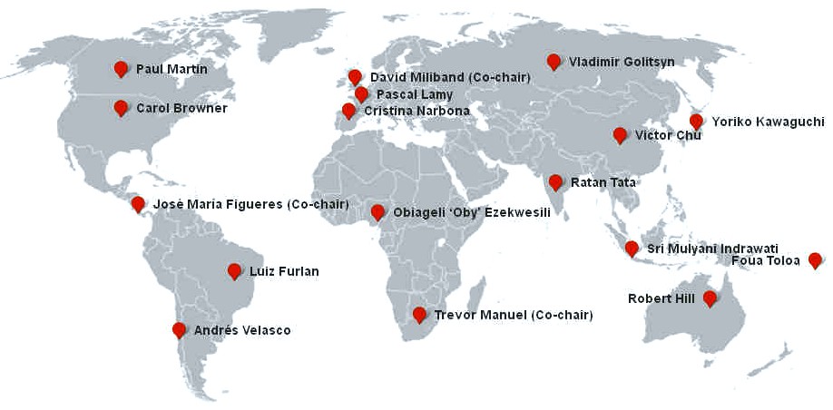 Map of the World showing the location of the global ocean commissioners