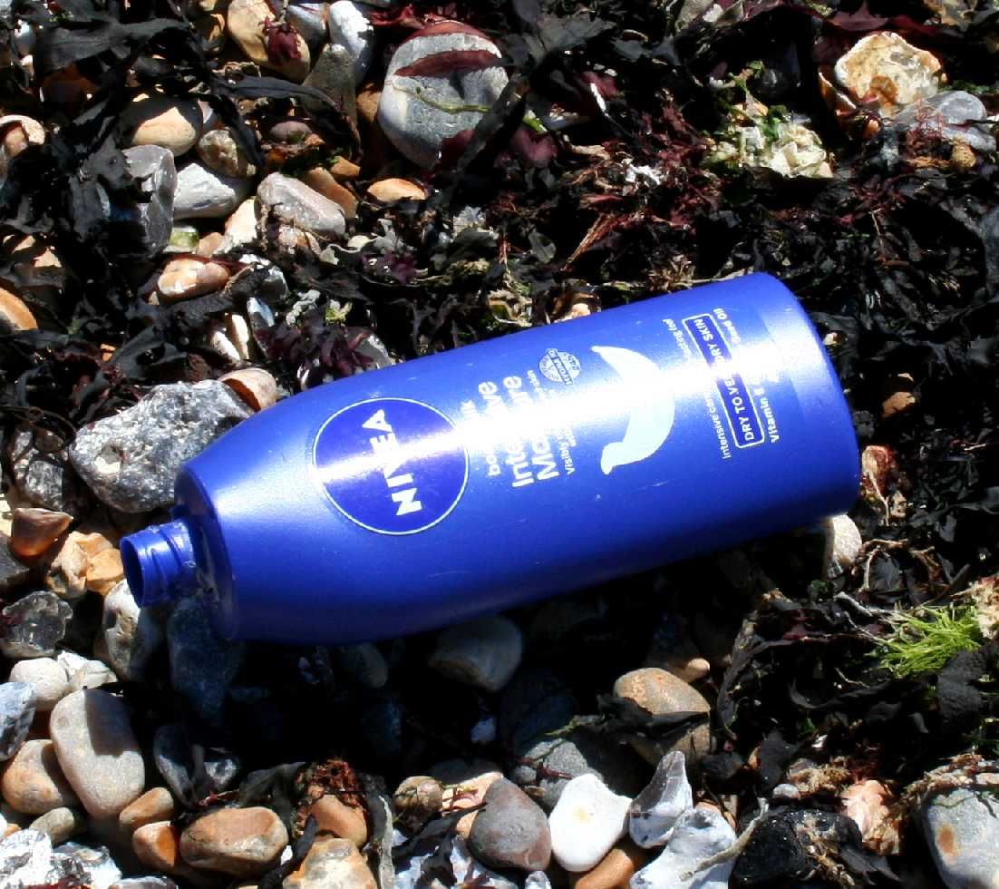 Nivea plastic bottle Exceat beach English Channel